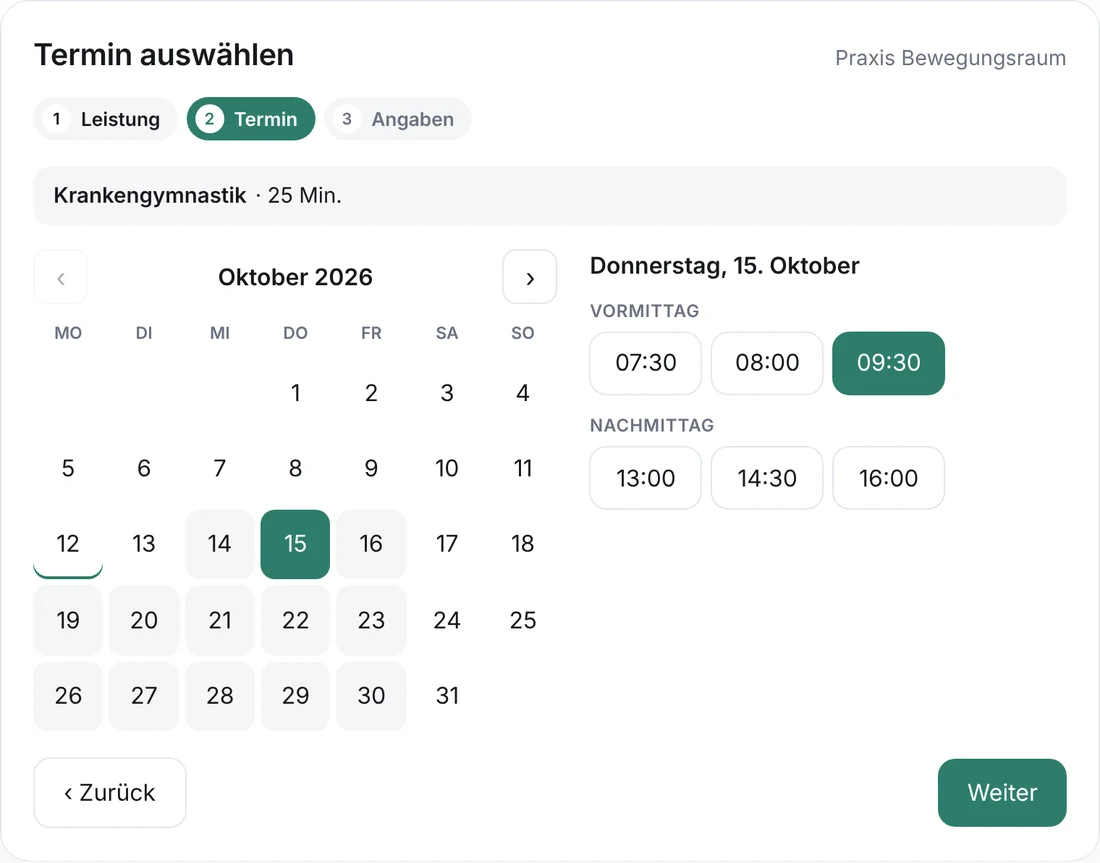 Online-Terminbuchung auf einer Physiotherapie-Website: Krankengymnastik am Donnerstag um 9:30 Uhr (Beispieldaten)