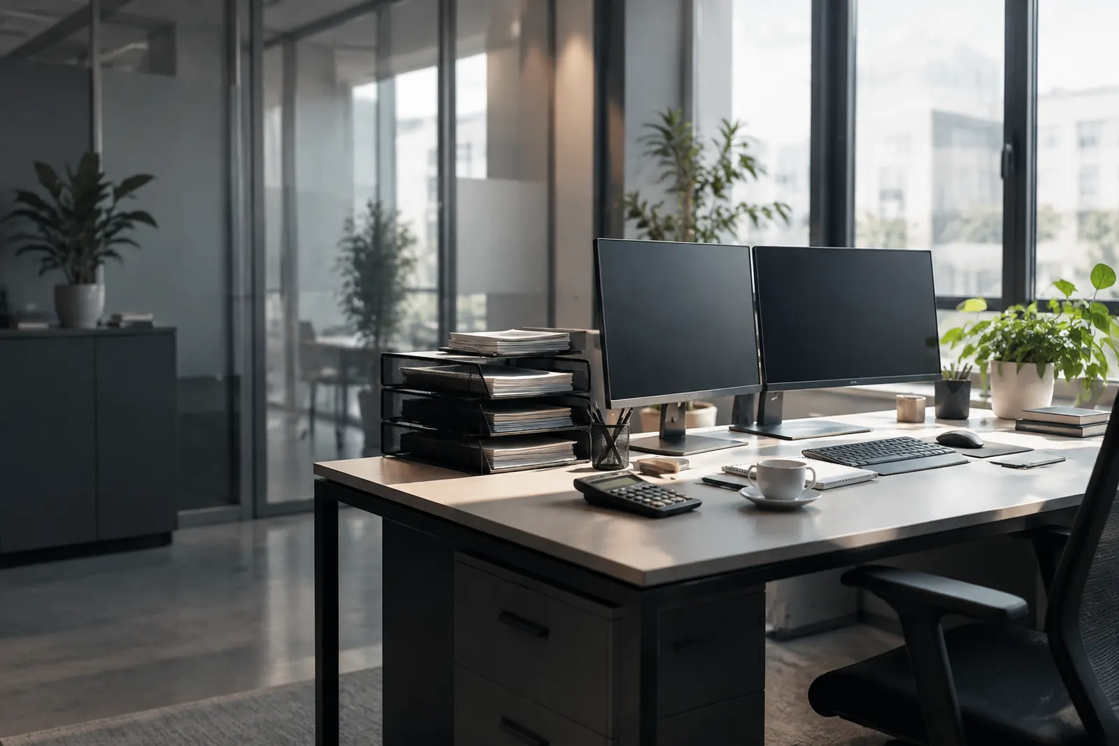 Helles Büro einer Steuerkanzlei mit Schreibtisch, zwei Monitoren und Pflanzen