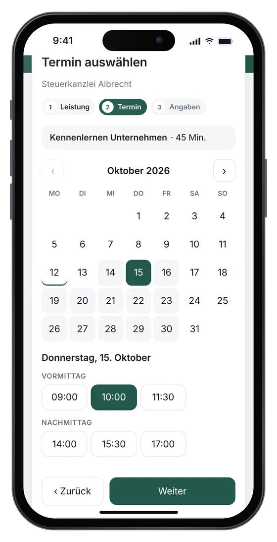 Online-Terminbuchung auf einer Kanzlei-Website: Kennenlernen Unternehmen am Donnerstag um 10 Uhr (Beispieldaten)