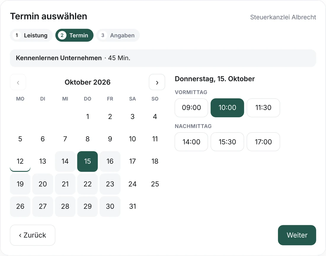 Online-Terminbuchung auf einer Kanzlei-Website: Kennenlernen Unternehmen am Donnerstag um 10 Uhr (Beispieldaten)