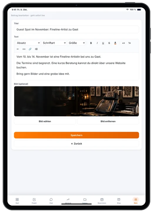 Kundenzugang von Webfire Marketing: Blog-Beitrag zu einem Guest Spot wird bearbeitet (Beispieldaten)
