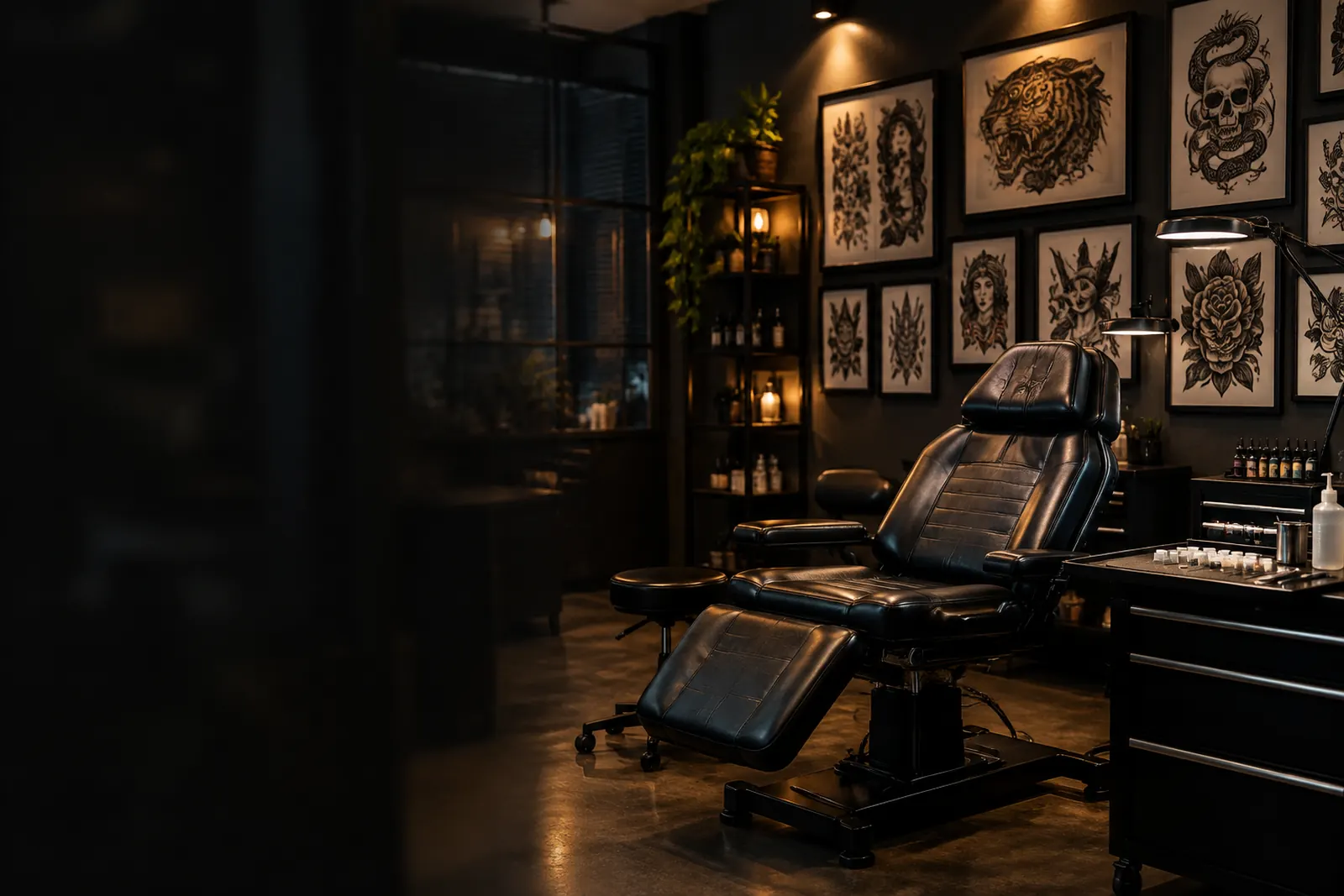 Tattoo-Studio mit schwarzem Liegestuhl, gerahmten Skizzen an dunkler Wand und Arbeitsplatz im warmen Licht