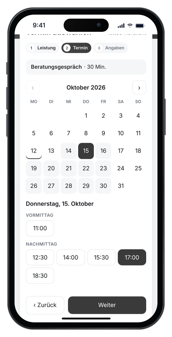 Online-Terminbuchung auf einer Tattoo-Website: Beratungsgespräch am Donnerstag um 17 Uhr (Beispieldaten)