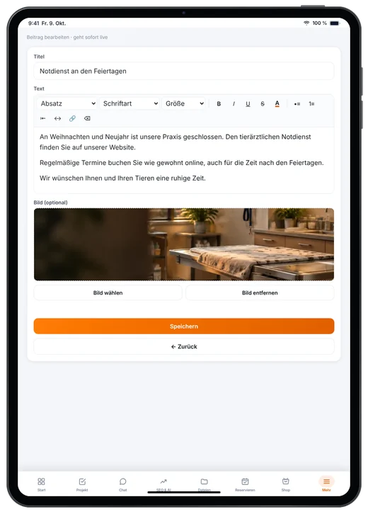 Kundenzugang von Webfire Marketing: Blog-Beitrag zum Notdienst an Feiertagen wird bearbeitet (Beispieldaten)