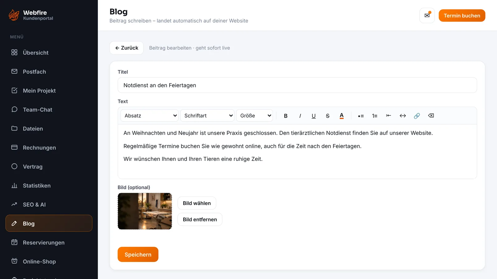Kundenzugang von Webfire Marketing: Blog-Beitrag zum Notdienst an Feiertagen wird bearbeitet (Beispieldaten)