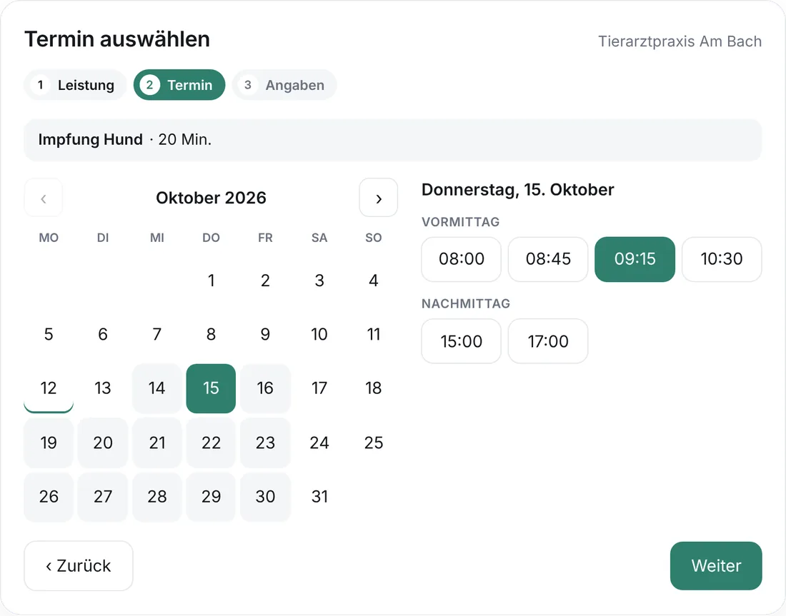 Online-Terminbuchung auf einer Tierarzt-Website: Impfung Hund am Donnerstag um 9:15 Uhr (Beispieldaten)