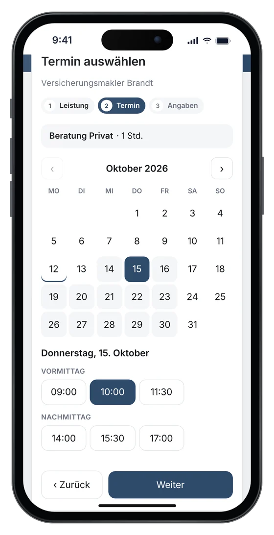 Online-Terminbuchung auf einer Makler-Website: Beratung Gewerbe am Donnerstag um 10 Uhr (Beispieldaten)
