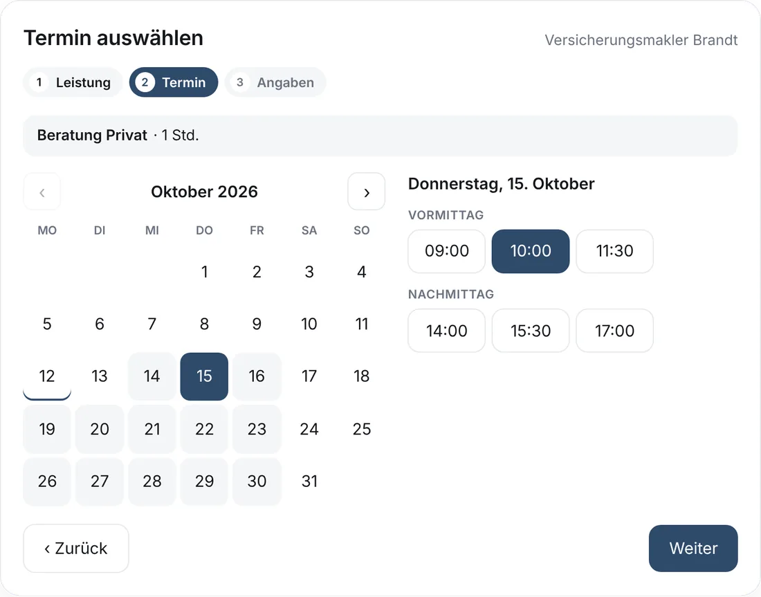 Online-Terminbuchung auf einer Makler-Website: Beratung Gewerbe am Donnerstag um 10 Uhr (Beispieldaten)