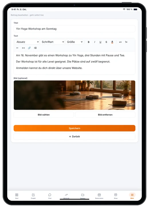 Kundenzugang von Webfire Marketing: Blog-Beitrag zu einem Yin-Yoga-Workshop wird bearbeitet (Beispieldaten)