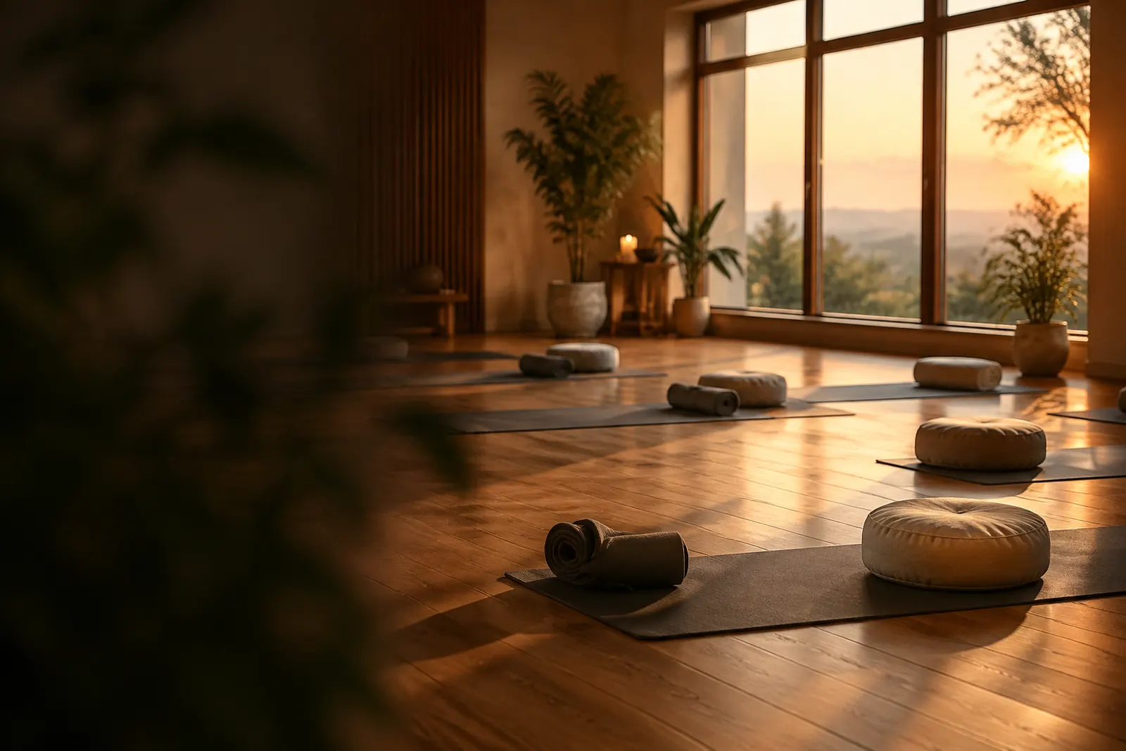 Ruhiges Yoga-Studio mit Holzboden, gerollten Matten und Meditationskissen im Abendlicht