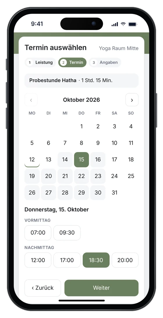 Online-Terminbuchung auf einer Yoga-Website: Probestunde Hatha am Donnerstag um 18:30 Uhr (Beispieldaten)