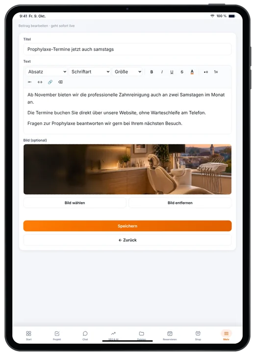 Kundenzugang von Webfire Marketing: Blog-Beitrag zu Prophylaxe-Terminen am Samstag wird bearbeitet (Beispieldaten)