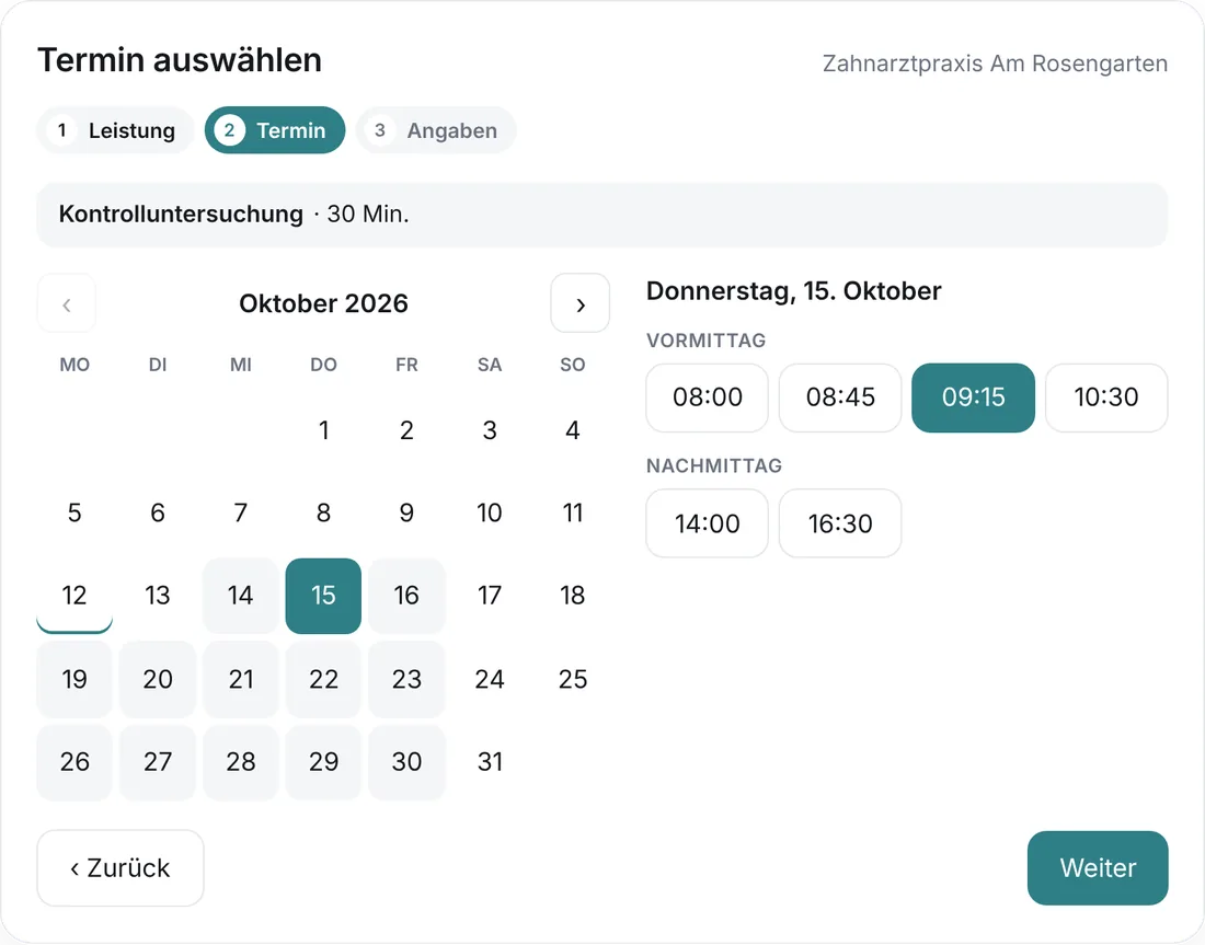 Online-Terminbuchung auf einer Zahnarzt-Website: Kontrolluntersuchung am Donnerstag um 9:15 Uhr (Beispieldaten)