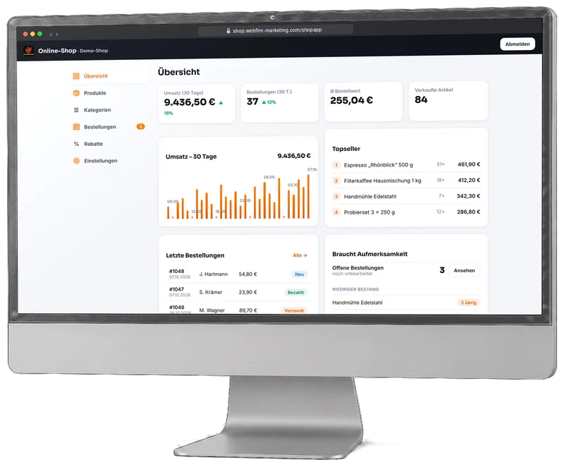 Webfire Shop-App auf dem Bildschirm: Übersicht mit Umsatz, Topsellern und letzten Bestellungen (Beispieldaten)
