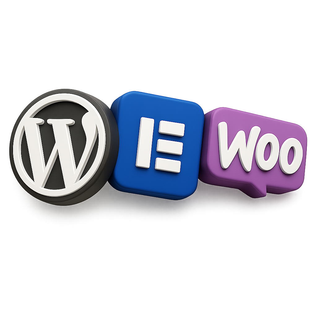WordPress, Elementor und WooCommerce als 3D-Logo-Stack