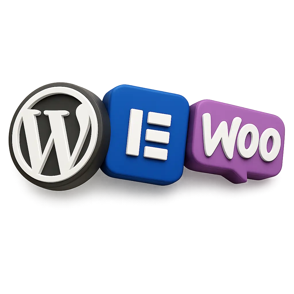 WordPress, Elementor und WooCommerce als 3D-Logo-Stack