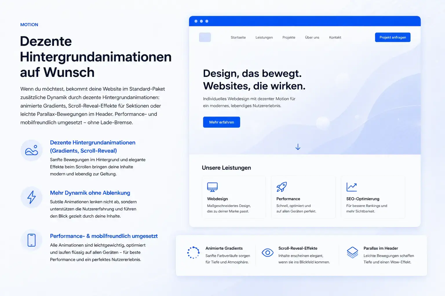 Dezente Hintergrundanimationen im Standard-Paket – animierte Gradients, Scroll-Reveal und Parallax-Effekte für moderne Websites von Webfire Marketing aus Fulda